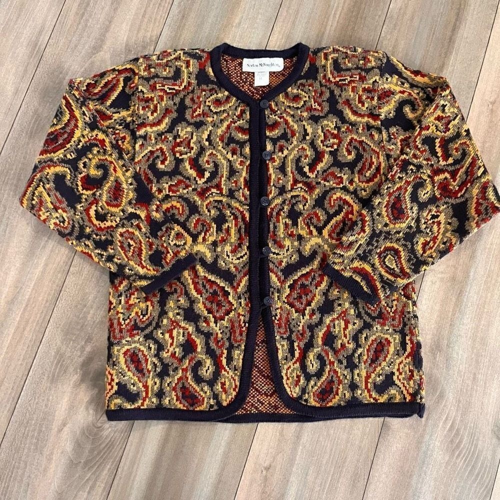 Norton McNaughton Vintage Paisley Knit Button Front Cardigan Sweater Medium